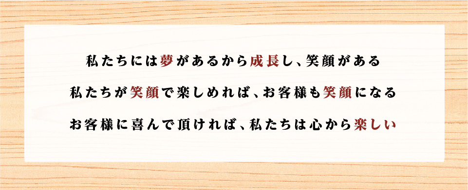 私たちのミッション 「私たちには夢があるから成長し、笑顔がある。私たちが笑顔で楽しめれば、お客様も笑顔になる。お客様に喜んで頂ければ、私たちは心から楽しい」